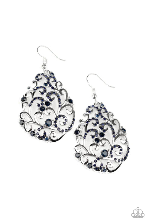 Winter Garden - Blue Dotted Encrusted Filigree Vine Teardrop Earrings E#6131