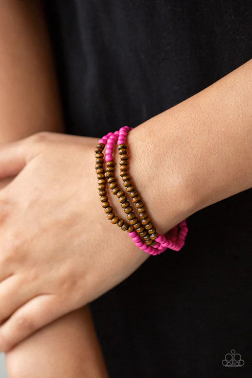 Woodland Wanderer - Pink/Brown Stone/Wood Bracelet Stack B#3675