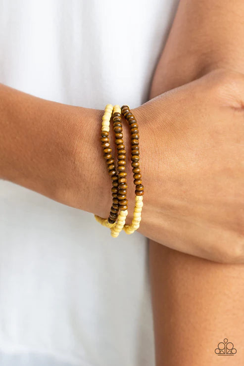 Woodland Wanderer - Sunny Yellow/Brown Stone/Wood Bracelet Stack B#4098