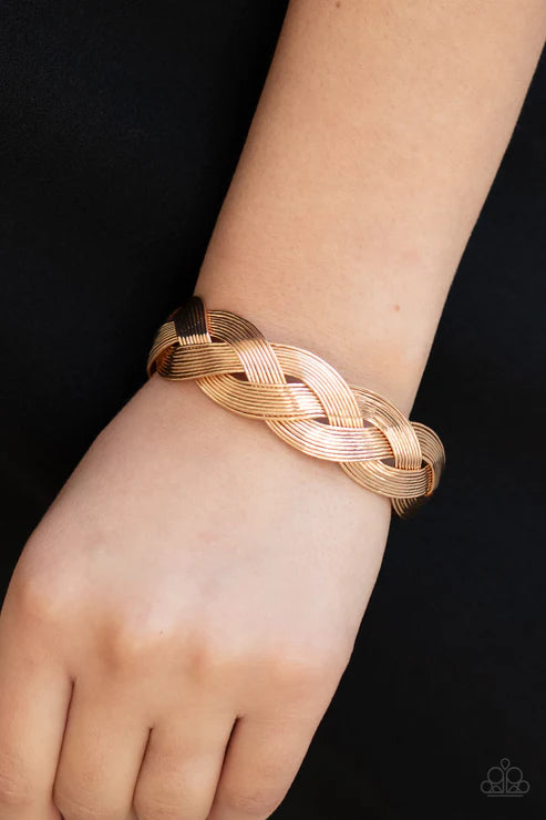 Woven Wonder - Gold Braided Weaved Wire Cuff Bracelet B#4253