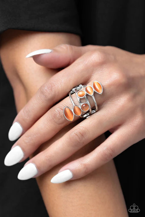 Wraparound Radiance - Oversized Orange Round/Marquise /Teardrop Cat's Eye Moonstone Stacked Ring R#5583