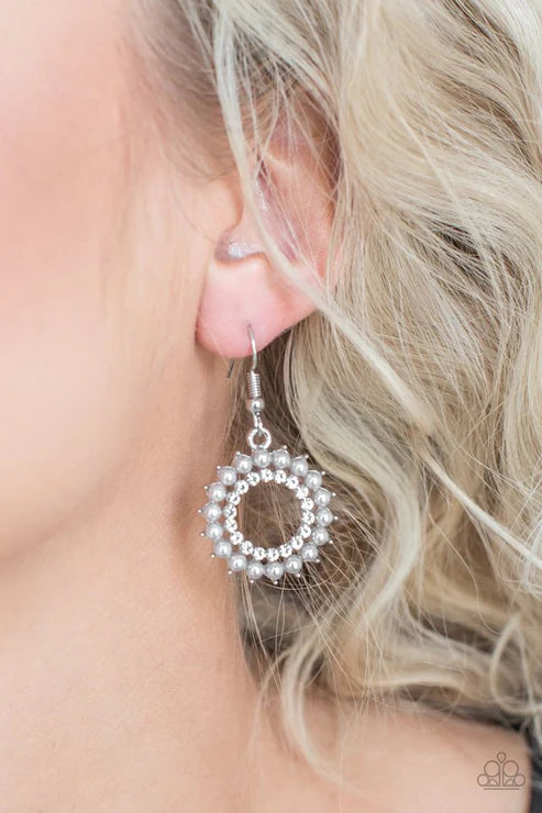 Wreathed In Radiance - Silver Pearl Encrusted Wreath Hoop Earrings E#5434