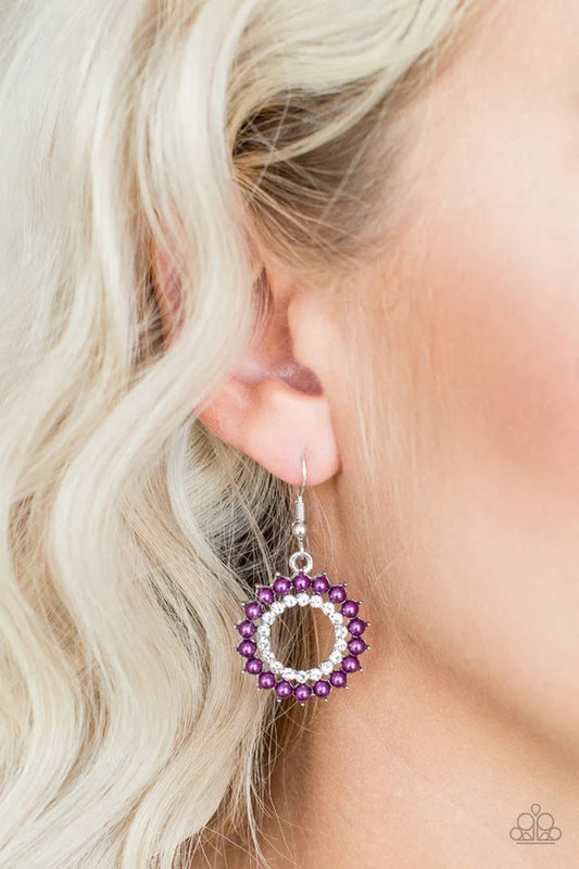 Wreathed In Radiance - Magenta Purple Pearl Encrusted Wreath Hoop Earrings E#6792