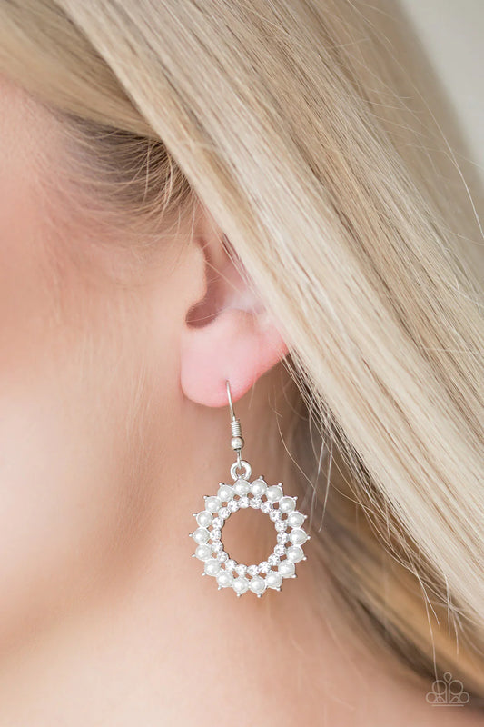 Wreathed In Radiance - White Pearl Encrusted Wreath Hoop Earrings E#7157