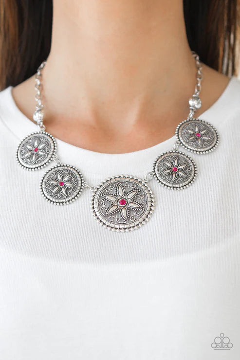 Written In The STAR LILIES - Oversized Pink Dotted Encrusted Floral Link Necklace N#4575