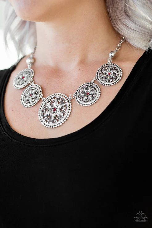 Written In The STAR LILIES - Oversized Red Dotted Encrusted Floral Link Necklace N#6471