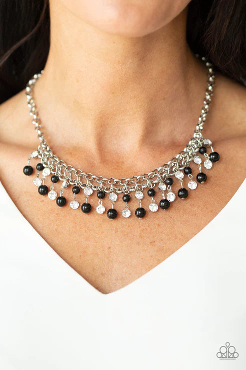You May Kiss The Bride - Bubbly Black/Silver Pearl Encrusted Interlocked Fringe Necklace N#3653