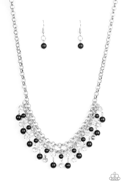 You May Kiss The Bride - Bubbly Black/Silver Pearl Encrusted Interlocked Fringe Necklace N#3653