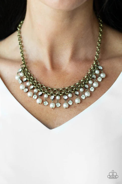 You May Kiss the Bride - Bubbly Brass/White Pearl Encrusted Interlocked Fringe Necklace N#5572