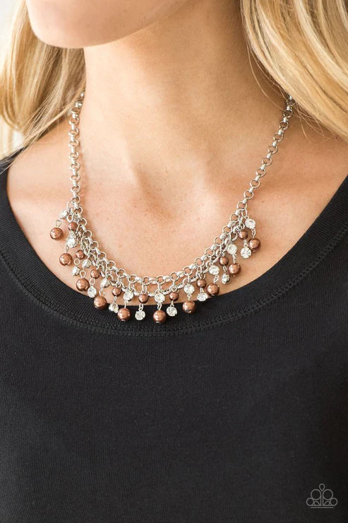 You May Kiss the Bride - Bubbly Brown/Silver Pearl Encrusted Interlocked Fringe Necklace N#6186