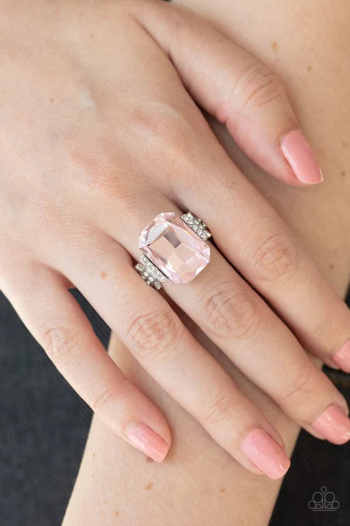 You Can COUNTESS On Me - Pink Regal Emerald Cut Dramatically Oversized Gem Flanked Silver Frames White Encrusted Refined Flair Ring R#6675