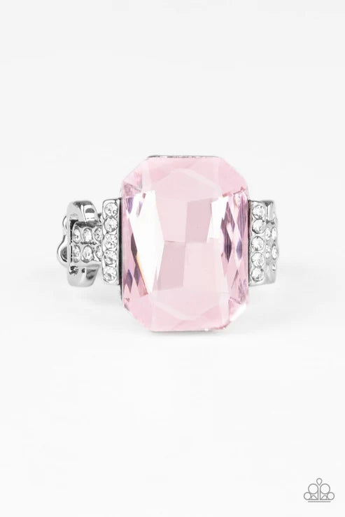 You Can COUNTESS On Me - Pink Regal Emerald Cut Dramatically Oversized Gem Flanked Silver Frames White Encrusted Refined Flair Ring R#6675