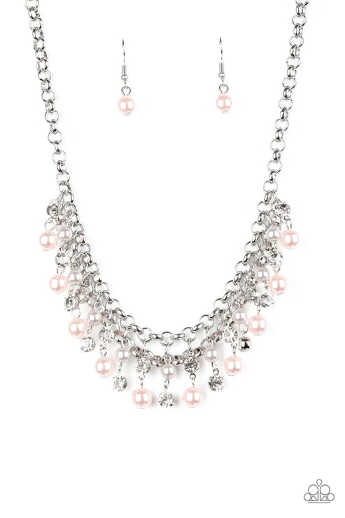 You May Kiss the Bride - Bubbly Multi (Pink/Silver) Pearl Encrusted Interlocked Fringe Necklace N#5482