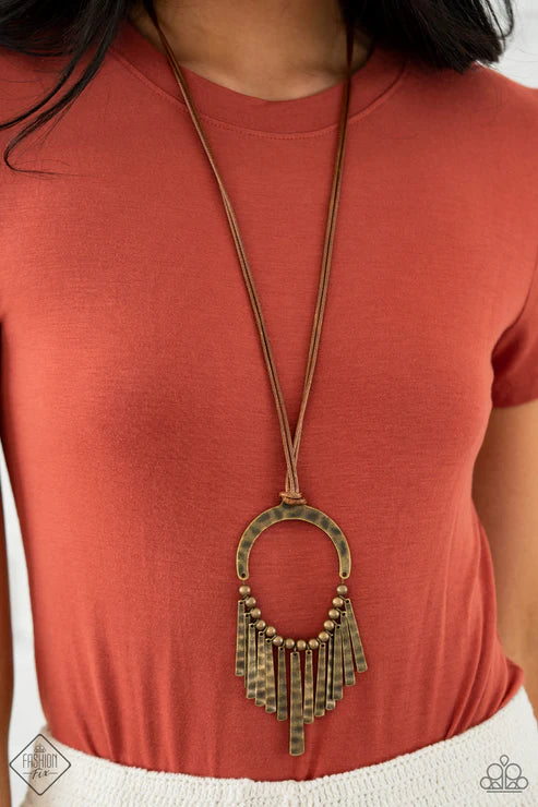 You Wouldn't FLARE! - Oversized Brass Hammered Rustic Details Collection Oblong Brass Plates Separated Antiqued Brass Beads Brass Wire Matching Hammered Brass Half-Moon Frame Brown Cording Knots Pendant Earthy Charm Wildly Metallic Fringe Necklace N#7378