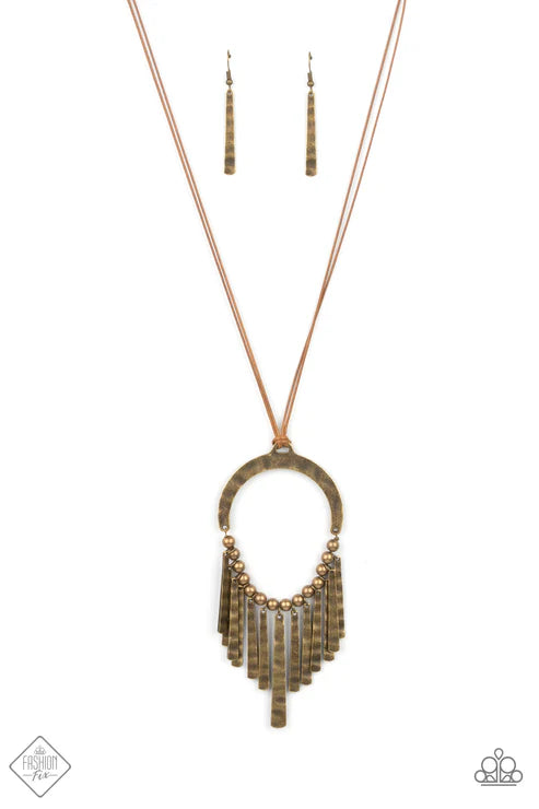 You Wouldn't FLARE! - Oversized Brass Hammered Rustic Details Collection Oblong Brass Plates Separated Antiqued Brass Beads Brass Wire Matching Hammered Brass Half-Moon Frame Brown Cording Knots Pendant Earthy Charm Wildly Metallic Fringe Necklace N#7378