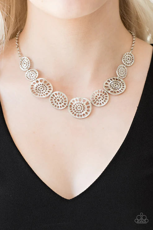 Your Own Free WHEEL - Silver Airy Asymmetrical Stenciled Discs Link Necklace N#6550