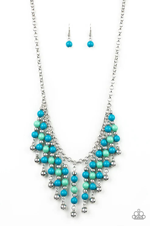 Your SUNDAES Best - Blue (Blue/Green/Silver) Metallic Rods Fringe Necklace N#3383