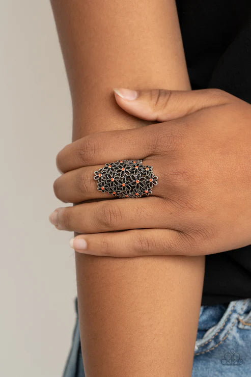 Youre a Sunflower - Oversized Orange (Amberglow) Dotted Encrusted 3D Bouquet Flower Bloom Ring R#3650
