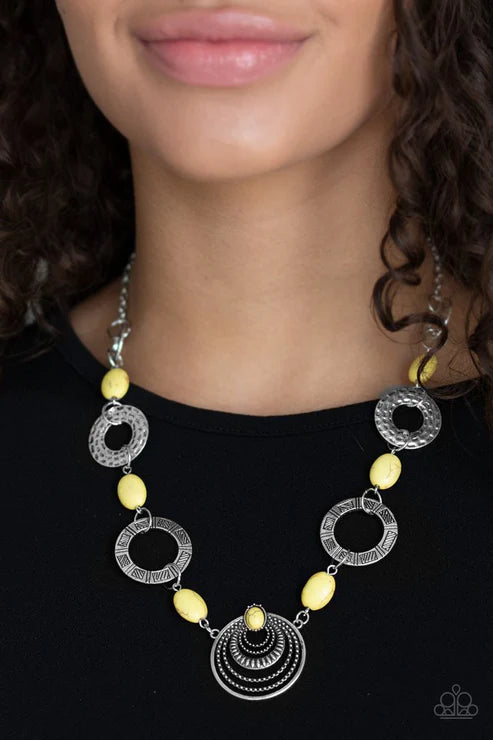 Zen Trend - Sunny Yellow Stone Hammered/Stamped/Studded Textured Disc Tribal Necklace N#2742