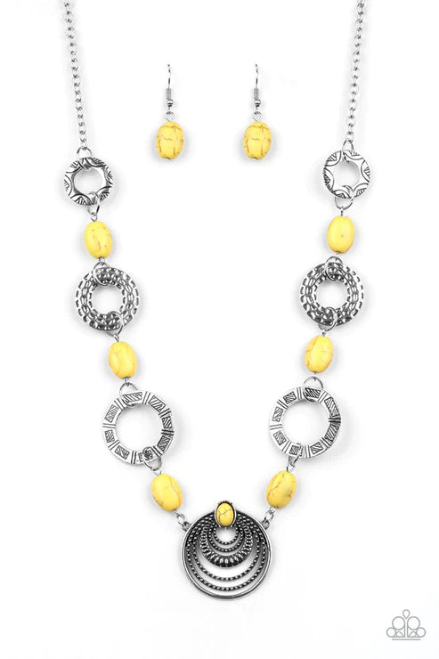 Zen Trend - Sunny Yellow Stone Hammered/Stamped/Studded Textured Disc Tribal Necklace N#2742