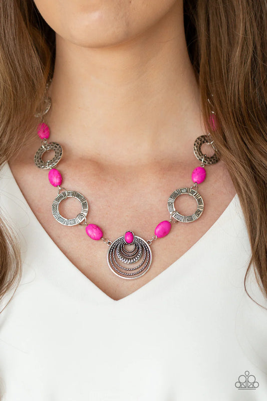 Zen Trend - Pink Stone Hammered/Stamped/Studded Textured Disc Tribal Necklace N#7067