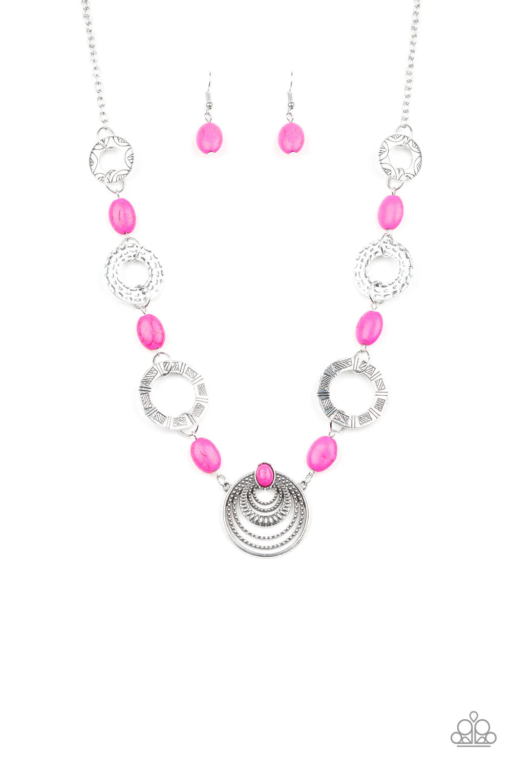 Zen Trend - Pink Stone Hammered/Stamped/Studded Textured Disc Tribal Necklace N#7067