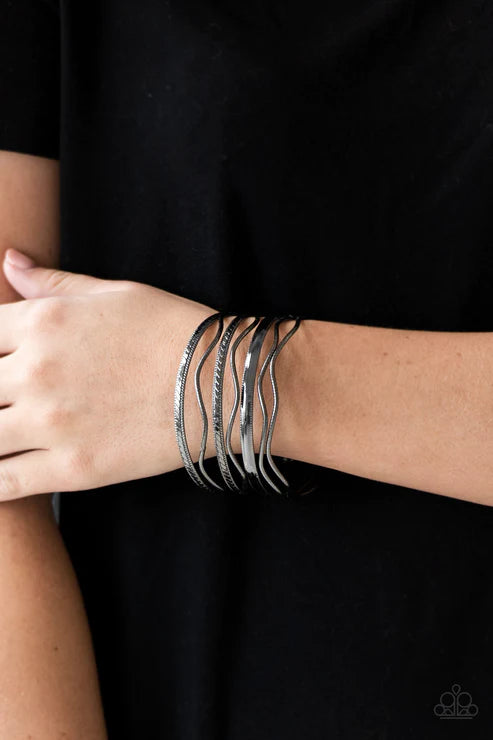 Zesty Zimbabwe - Black Stamped Tribal Round/Wavy Bangles Bracelet Stack B#3769