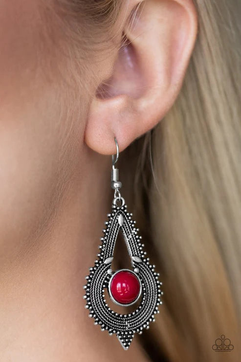 Zoomin Zumba - Oversized Red Radiating Studded Rope Textures Ornate Earrings E#4497