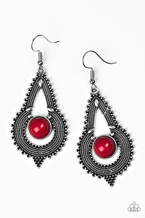 Zoomin Zumba - Oversized Red Radiating Studded Rope Textures Ornate Earrings E#4497