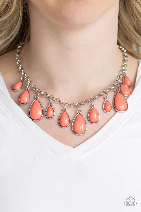 Jaw-Dropping Diva - Oversized Orange (Living Coral) Teardrop Fringe Necklace N#4413