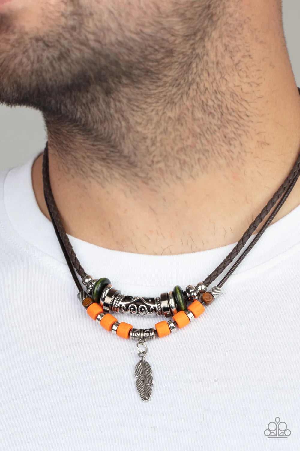 Fly Away Homespun - Multi (Orange/Green/Brown) 3D Feather Mismatched Decorative Metal/Wood Accent Button Loop Closure Urban Necklace N#3233