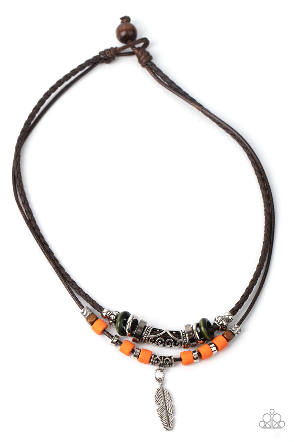 Fly Away Homespun - Multi (Orange/Green/Brown) 3D Feather Mismatched Decorative Metal/Wood Accent Button Loop Closure Urban Necklace N#3233