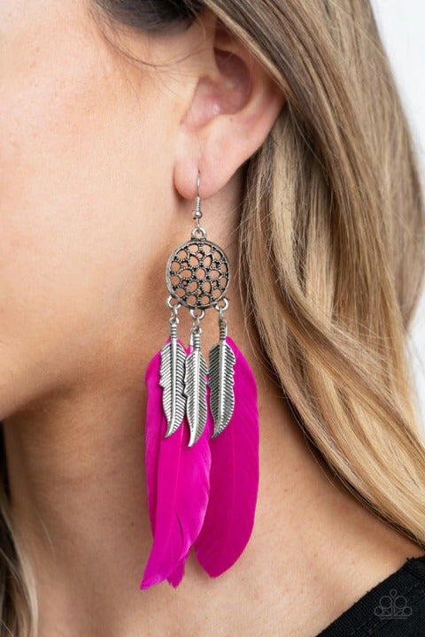 In Your Wildest DREAM-CATCHERS - Oversized Pink Antiqued Feathers/Feathers Charm Wildly Dream-Catcher Ornate Earrings E#2985