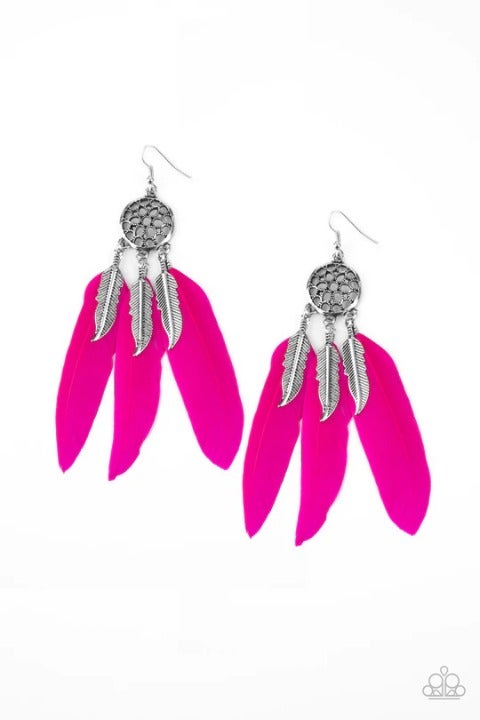 In Your Wildest DREAM-CATCHERS - Oversized Pink Antiqued Feathers/Feathers Charm Wildly Dream-Catcher Ornate Earrings E#2985
