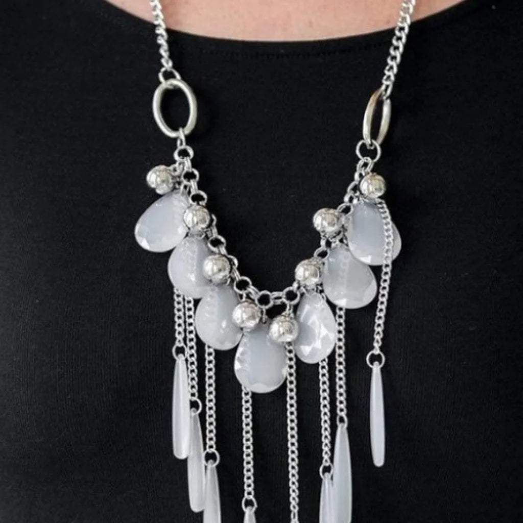 Roaring Riviera - White Faceted Flared Free-Fall Fringe Necklace N#2724