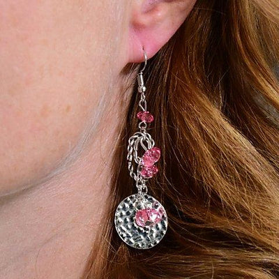 Seaside Catch - Pink Crystal Abstract Hammered Twisted Disc Earrings E#5630