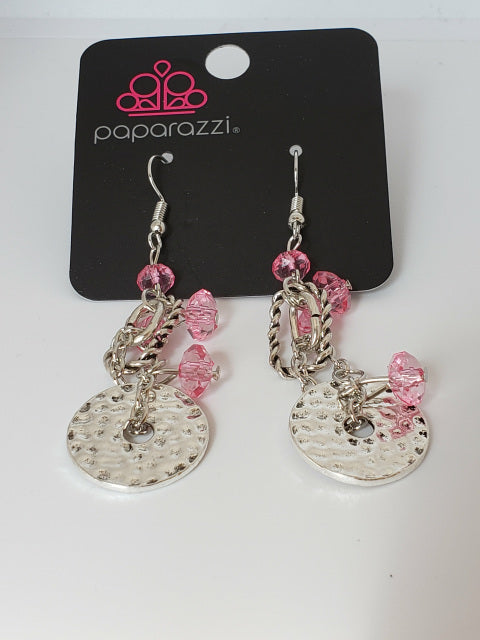 Seaside Catch - Pink Crystal Abstract Hammered Twisted Disc Earrings E#5630
