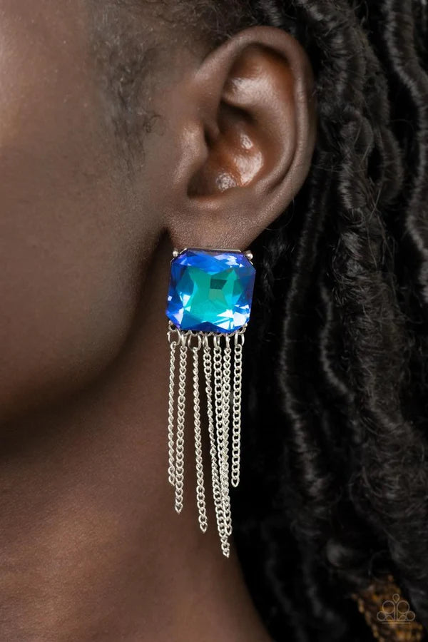 Supernova Novelty - Oversized Blue UV Shimmer Radiant Cut Pronged Tapered Curtain Tassel Fringe Earrings E#702