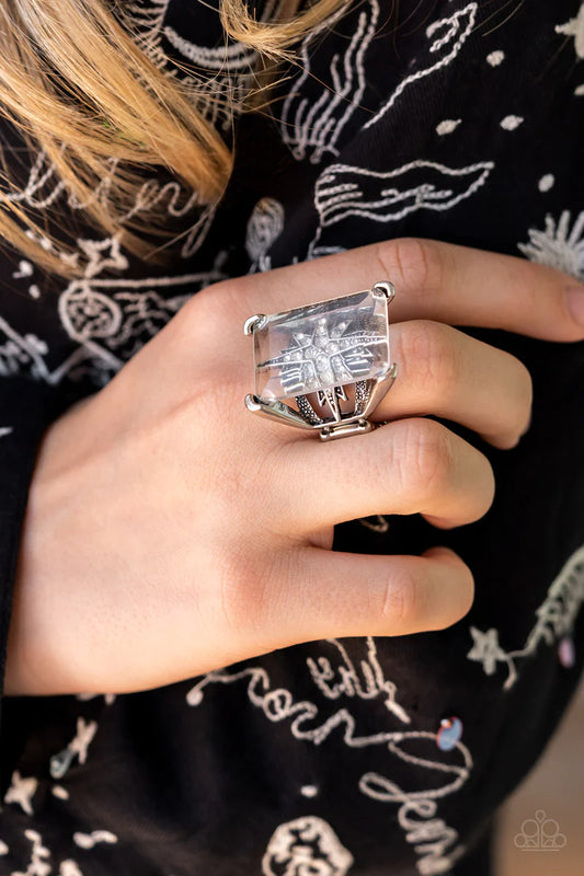 Starry Serenity - Oversized White Encrusted Dotted Star Twinkles Behind Glassy Pane Floats Pronged Frame Stellar Statement Ring R#216