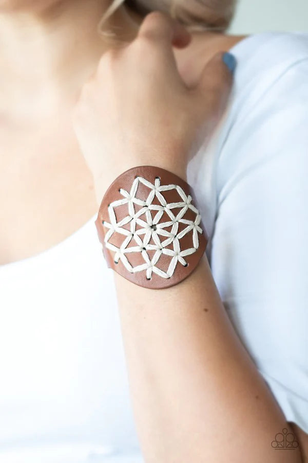 A Cross-Stitch In Time - Oversized Brown Rustic Twine Stitched Cord Wrap Leather Adjustable Snap Closure Bracelet B#1268