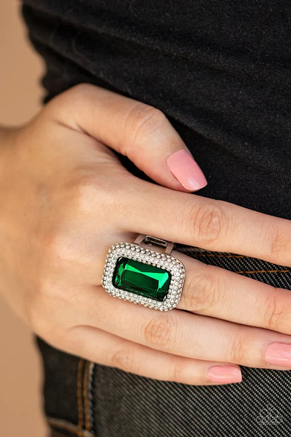 A Grand STATEMENT-MAKER - Green Regal Emerald Cut Dramatic Oversized Gem Nestled Frame Encrusted White Blinding Ring R#929