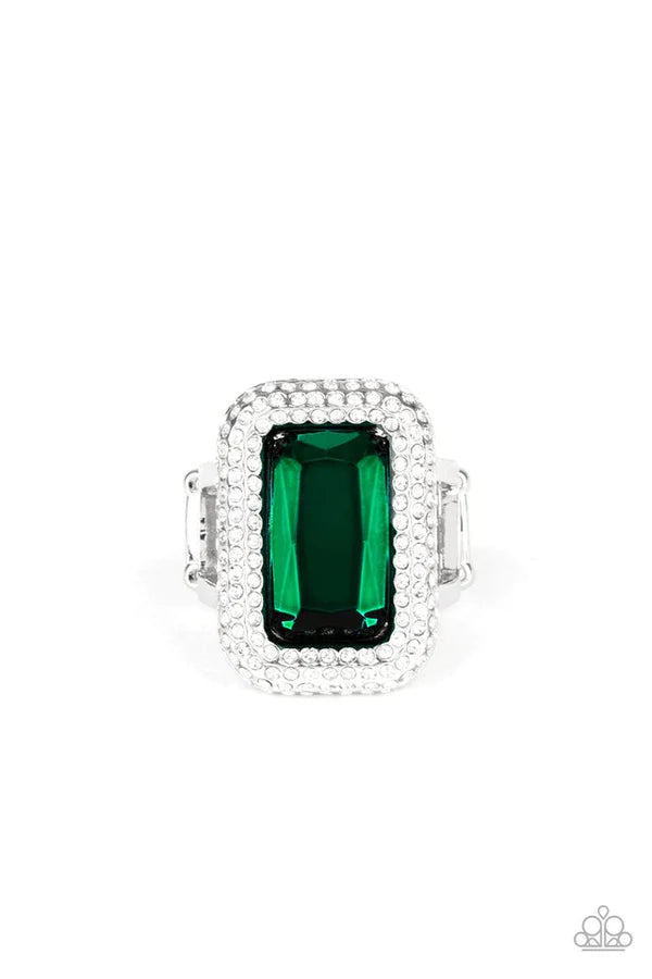 A Grand STATEMENT-MAKER - Green Regal Emerald Cut Dramatic Oversized Gem Nestled Frame Encrusted White Blinding Ring R#929