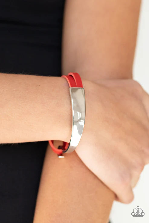 A Notch Above The Rest - Red Asymmetrical Curled Hammered Glide Along Leather Hook Closure Bracelet B#1692