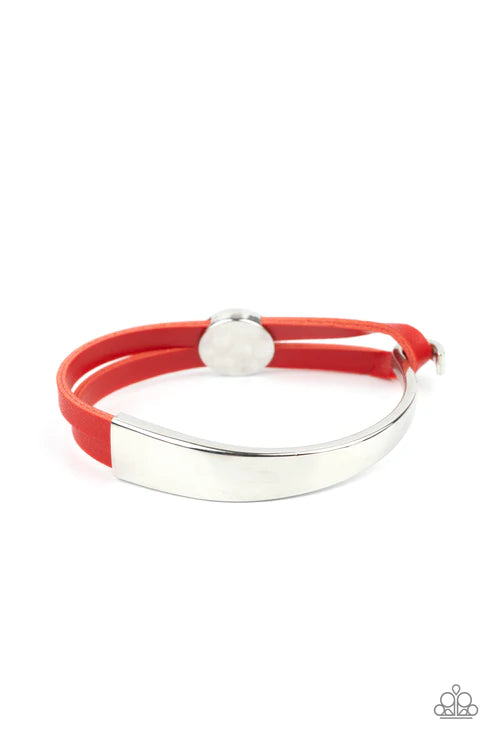 A Notch Above The Rest - Red Asymmetrical Curled Hammered Glide Along Leather Hook Closure Bracelet B#1692