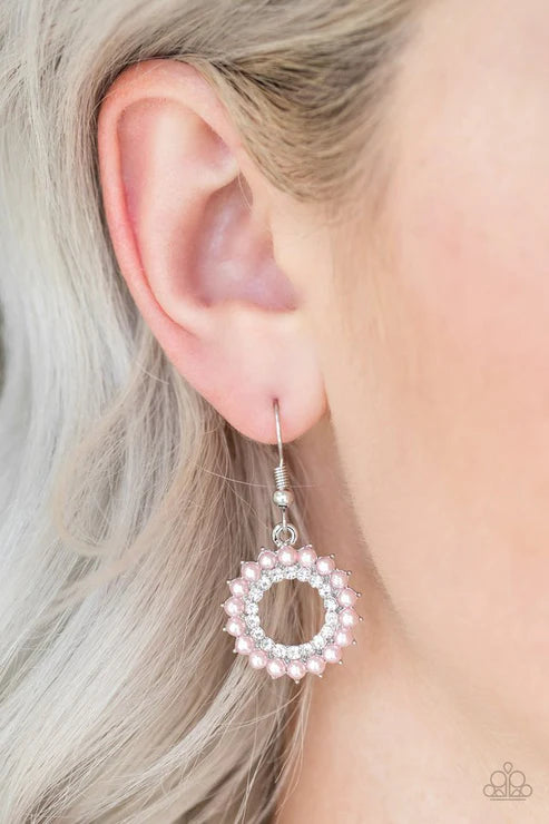 A Proper Lady - Pink Pearl Blooming Dahlia Encrusted Circle Earrings E#1647