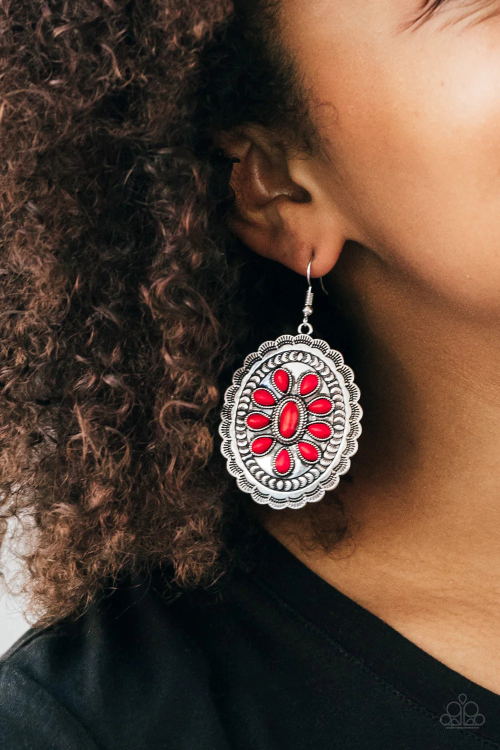 Absolutely Apothecary - Oversized Fiery Red Floral Scalloped Stone Earrings E#1362