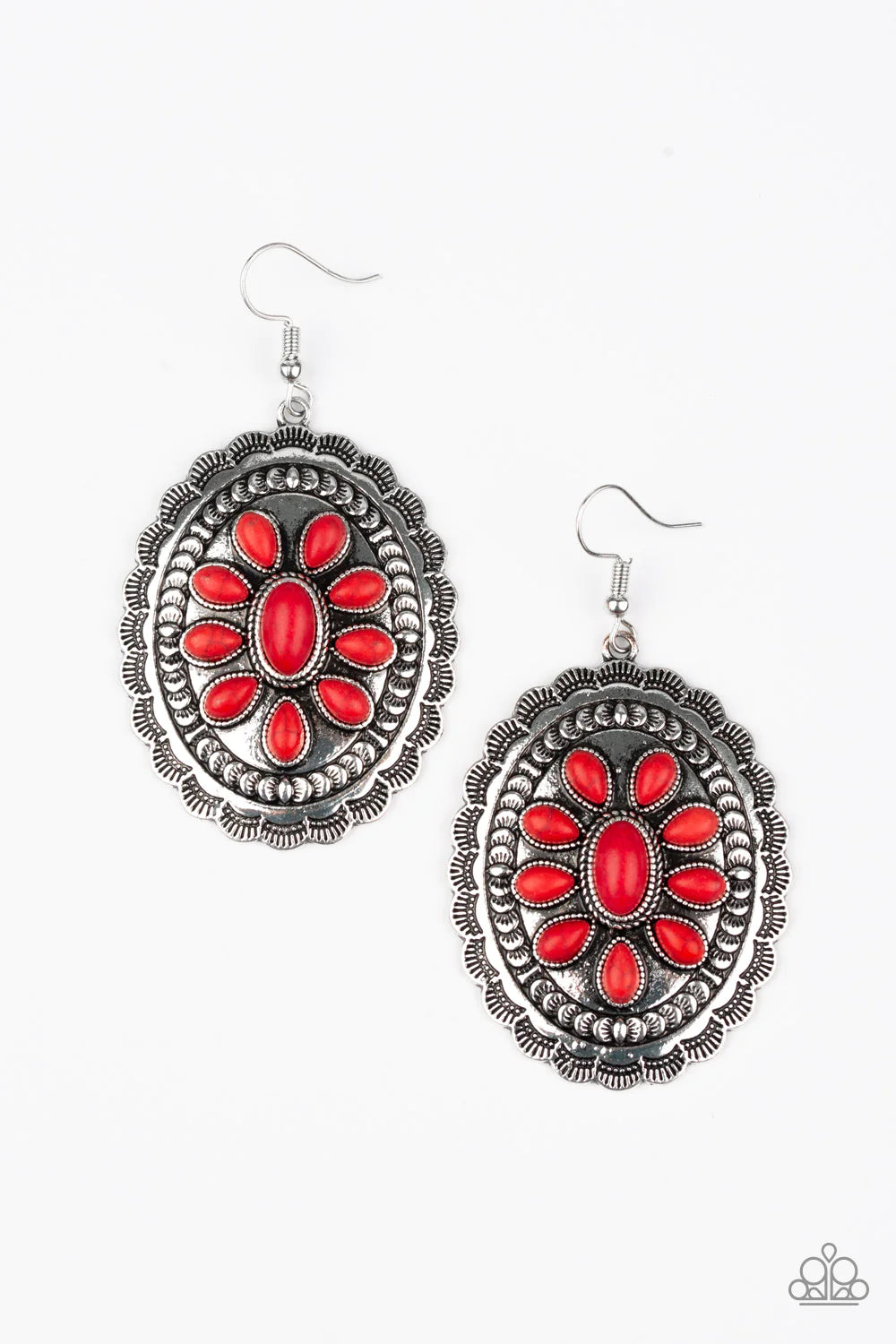 Absolutely Apothecary - Oversized Fiery Red Floral Scalloped Stone Earrings E#1362