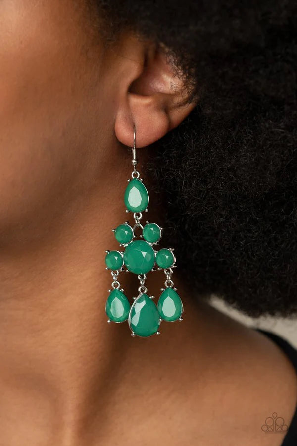 Afterglow Glamour - Oversized Green Dewy Afterglow Round/Teardrop Connected Chandelier Earrings E#517