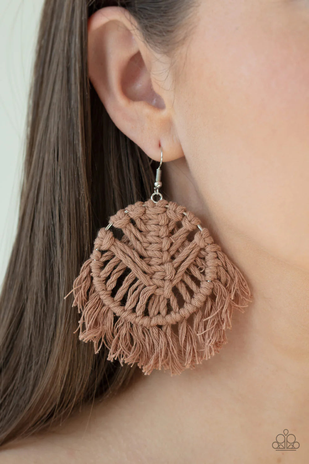 All About MACRAME - Brown Macrame Knotted Hoop Fringe Earrings E#502