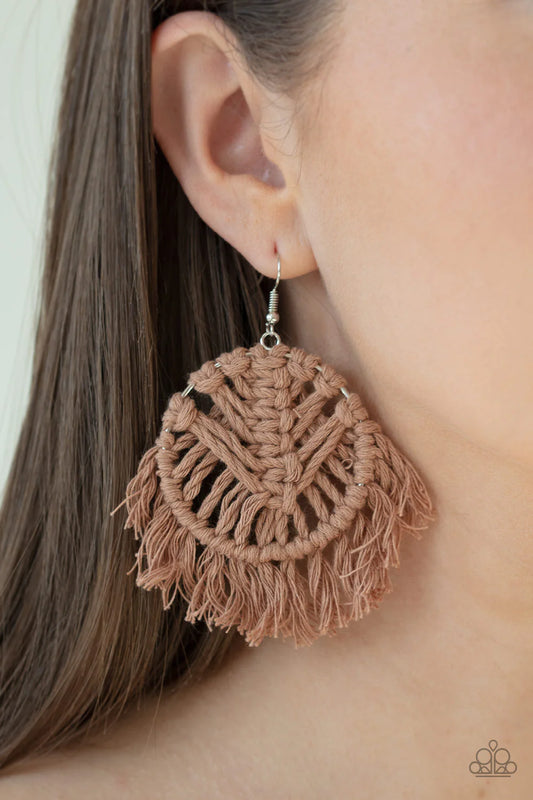All About MACRAME - Brown Macrame Knotted Hoop Fringe Earrings E#502